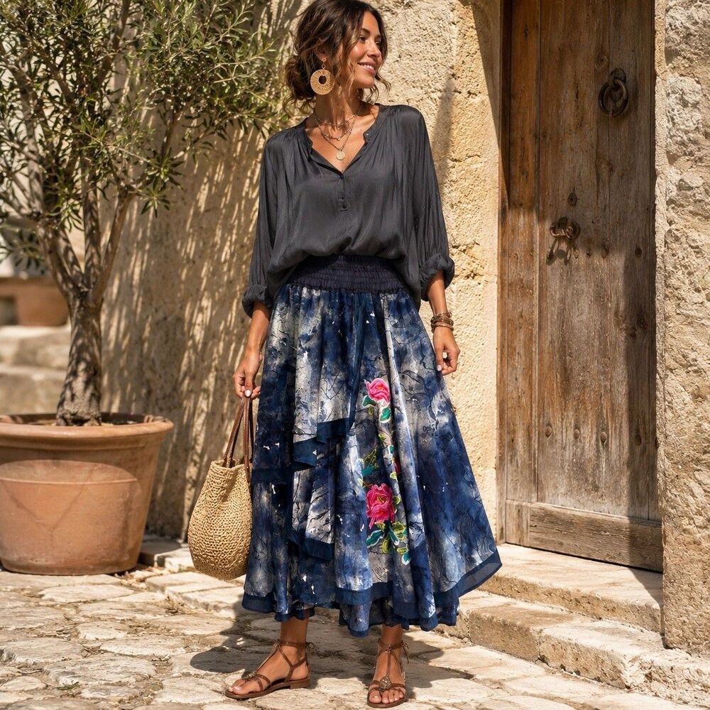 Designer Embroidery Boho Chic Handmade Celestial Maxi Skirt S